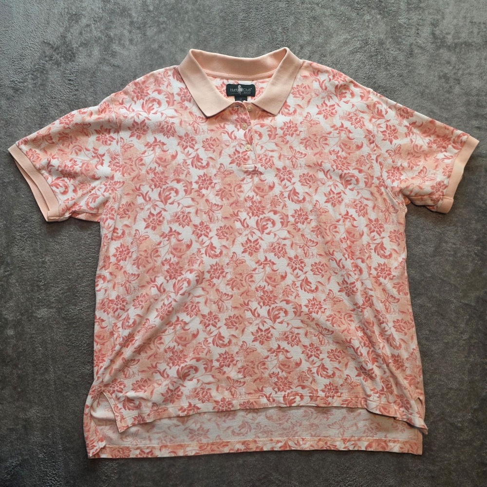 Hunt Club Polo Shirt Womens 2X Pink Floral Knit Collared Short Sleeve Casual